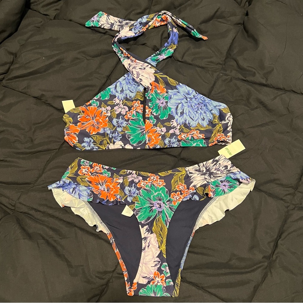 Aerie Floral Crossover Keyhole Halter Bikini Top L and Cheeky Ruffle Bottom M